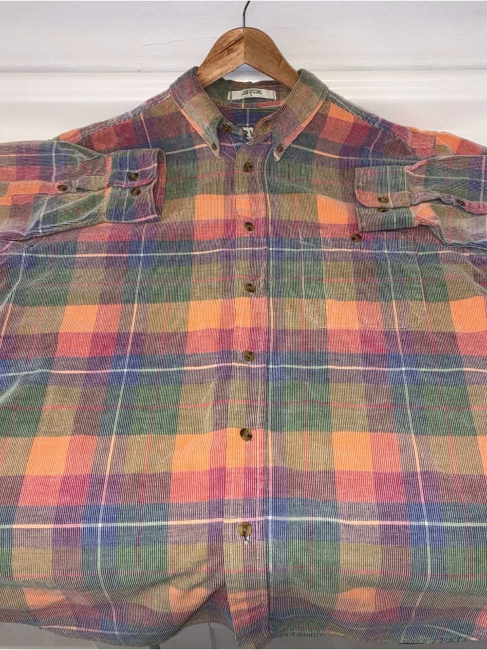 Vintage 90’s Orvis Courdory Plaid Button-Down Shirt — Green, Orange, Purple Sz L - Picture 7 of 7
